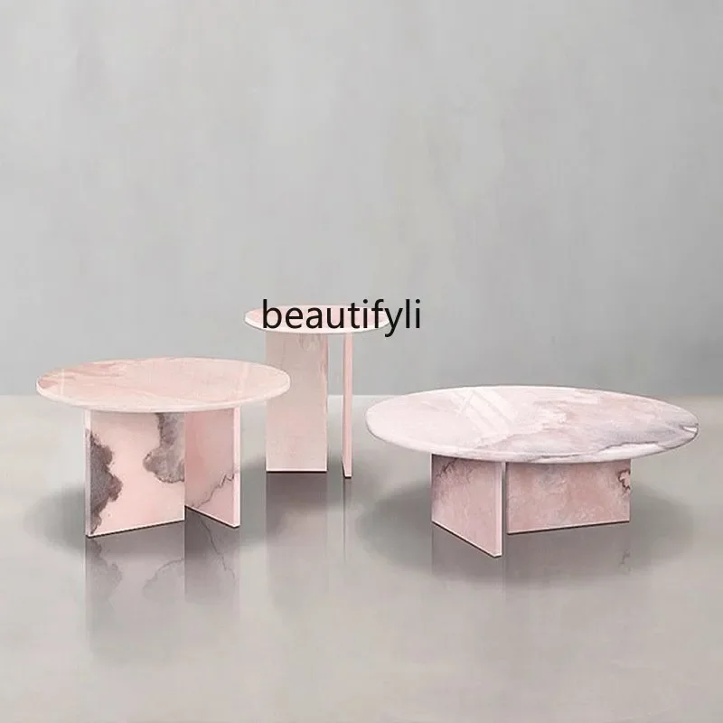 Italian light luxury natural marble coffee table design villa home powder jade edge table