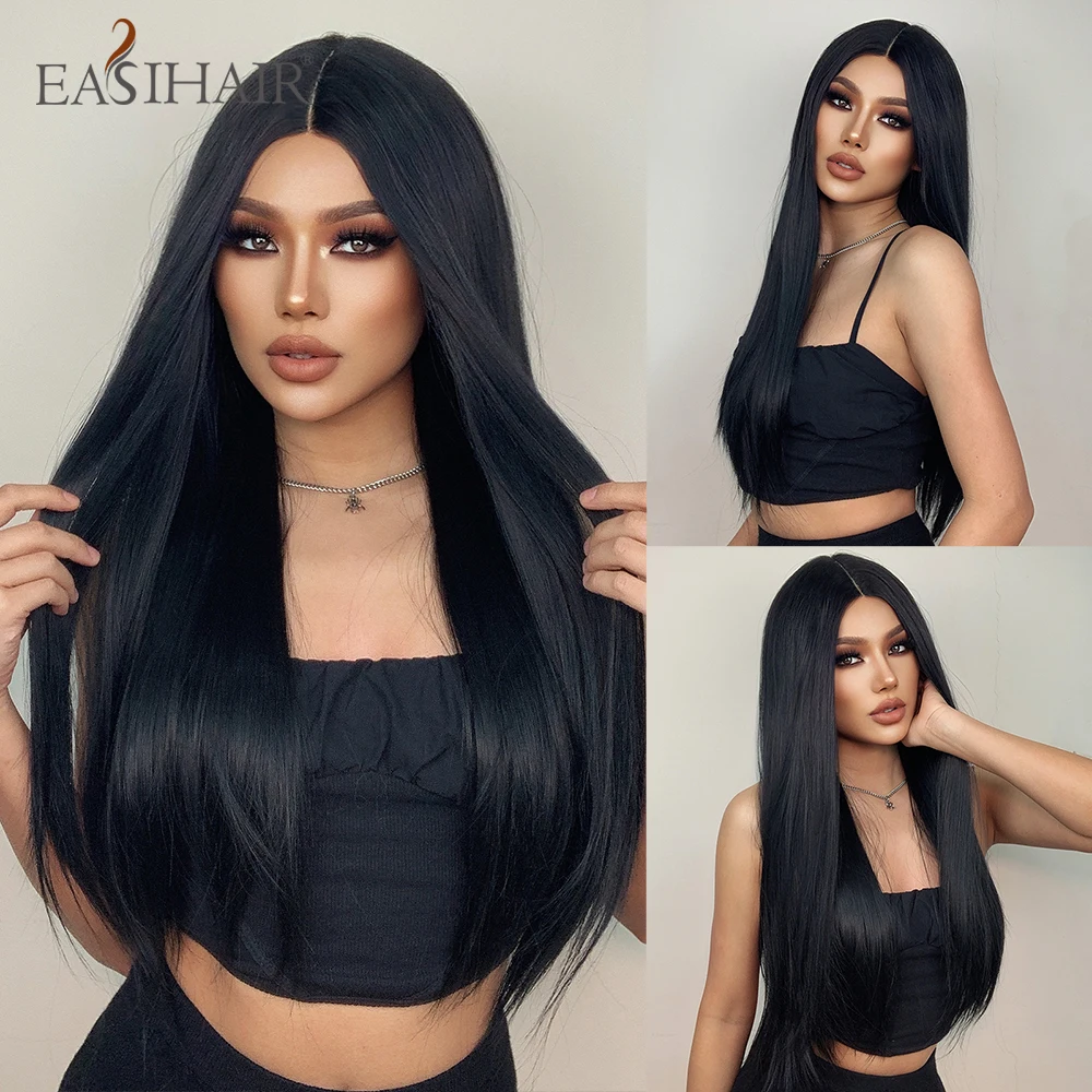 

EASIHAIR Long Straight Black Lace Front Synthetic Wigs for Women Lace Frontal Natural Wigs High Density Heat Resistant Wig