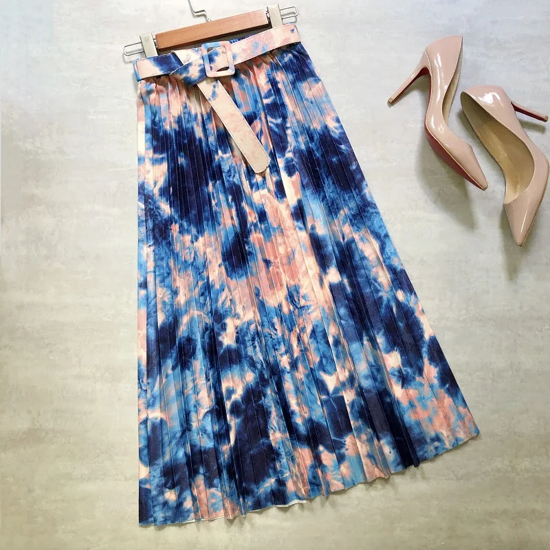 

Stylish High Waist Skirt Women With Belted Tie Dye Vintage Casual Slim Pleated Midi Skirts Ladies Print Korean Faldas