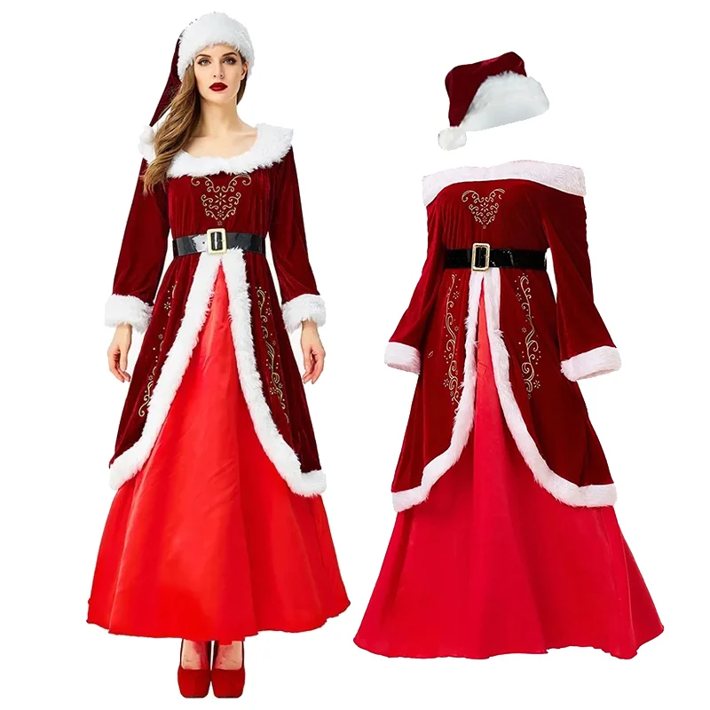 

Deluxe Classic Mrs. Claus Christmas Costume Xmas Party Santa Claus Cosplay Women Red Dress Christmas Queen Party Dress