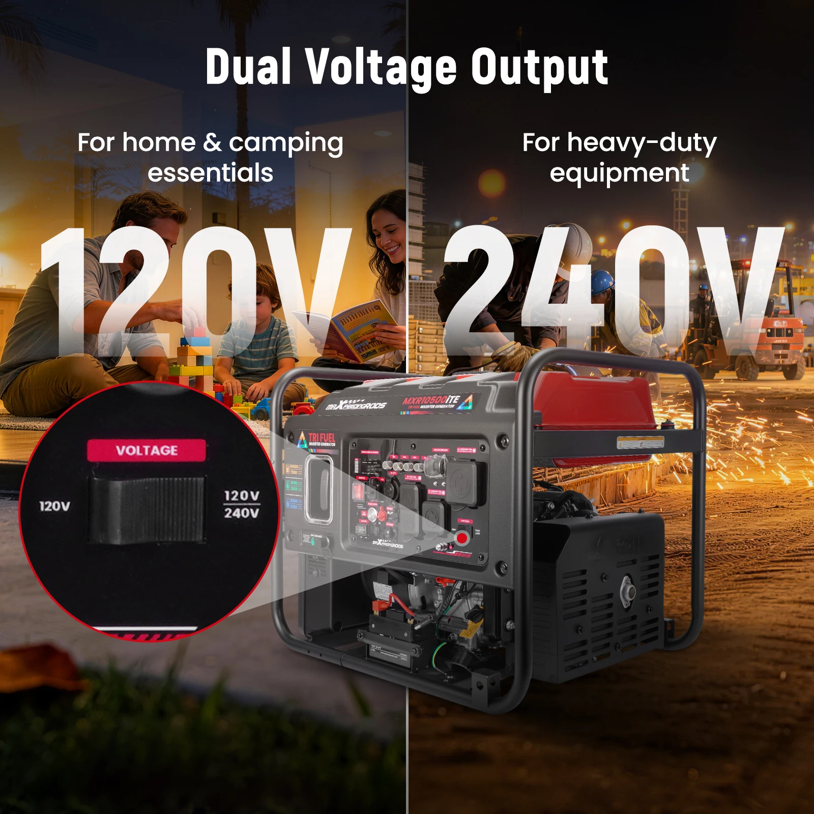 10500W Portable Inverter Generator Dual Voltage Tri-Fuel for Camping & Hiking