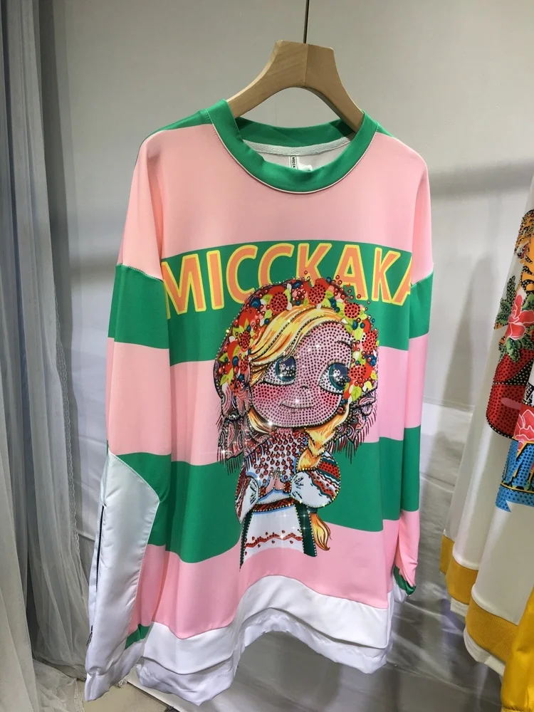 

Girl Hot Drill Pink Sweaters Striped Printed Loose Faux Two Piece Long Sleeve O-neck Pullover Top Autumn Casual Cute Sweatshirt