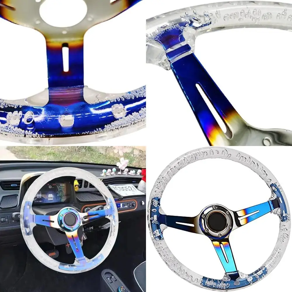 14" Transparent Acrylic Racing Steering Wheel 6 Bolt Neo Chrome Universal Golf Cart Steering Wheel with Horn Button