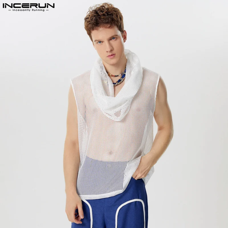 Sexy Well Fitting Tops INCERUN New Men\'s Hollowed Mesh Vests Summer Male Casual Hot Sale Thin Swing Collar Tank Tops S-5XL 2024