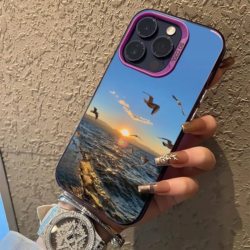 美的な夕焼けとカモメの海景 iPhone 16 15 14 13 12 11 PROMAX XSXR 7 8Plus用耐衝撃スマホケースカバー