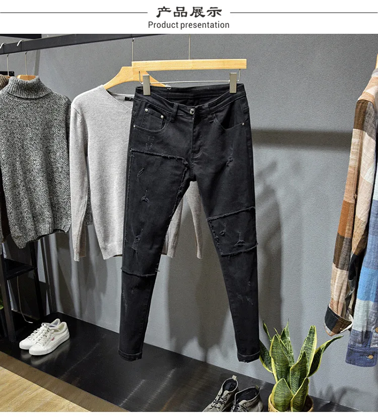 Pantalons pour hommes adolescents, Streetwear de styliste, pantalons grattés pour hommes avec Patch de genou cassé imprimé noir, mendiant décontracté avec trous, vente en gros, 2022