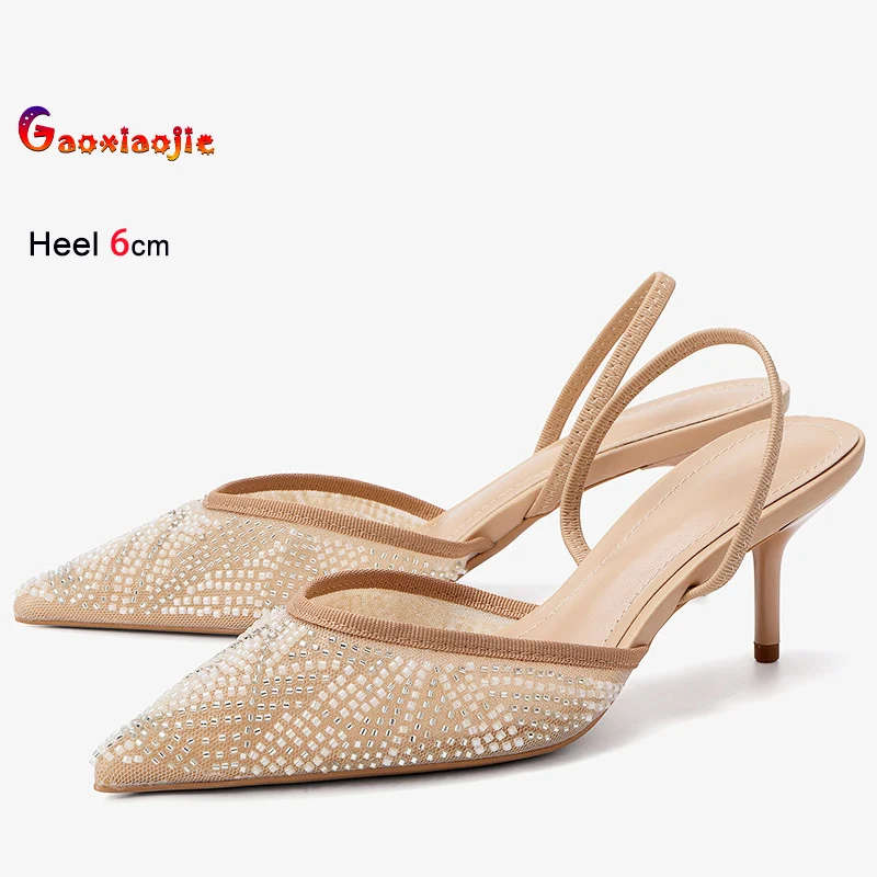 

Женские дышащие сетчатые босоножки с острым носком, на шпильке 6 см, без застежек, с бусинами, модные летние туфли 2026