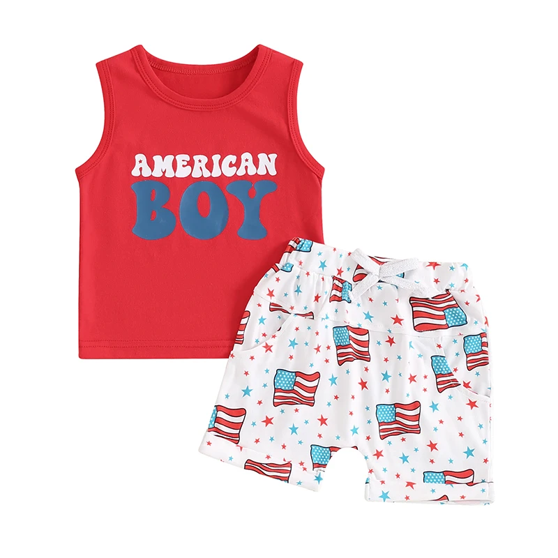 

4th of July Baby Boy Summer Outfits Sleeveless Stars Stripes Vest Tank Tops Shirt American Flag Shorts 2Pcs Clothes