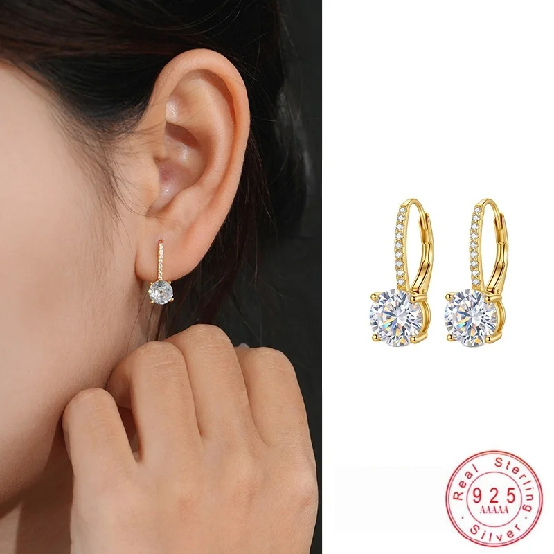 925 Sterling Silver Round Cubic Zircon Leverback Drop Earrings For Women Solitaire CZ Dangle Hoop Earrings Fine Jewelry