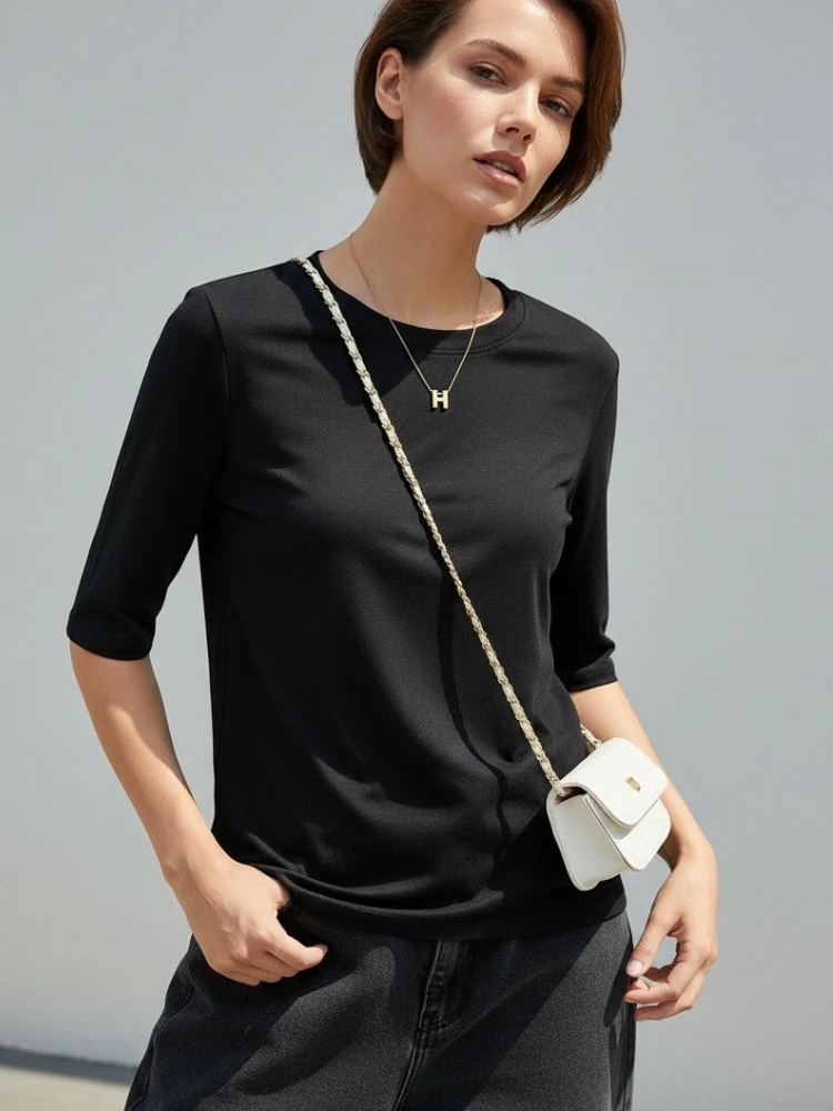 AOSSVIAO 2026 Sommer 100% Baumwolle Damen T-Shirt Basic Rundhals Modisch Einfarbig Kurzarm Oberteil – Detail 4