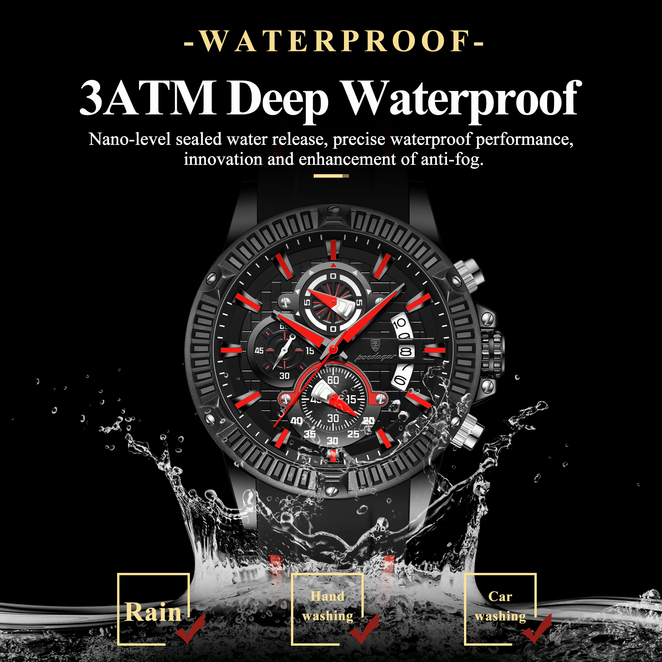 POEDAGAR Orologio da polso da uomo di lusso Cronografo Impermeabile Orologio da uomo luminoso Calendario maschile Cinturino in silicone Orologi da uomo al quarzo Reloj