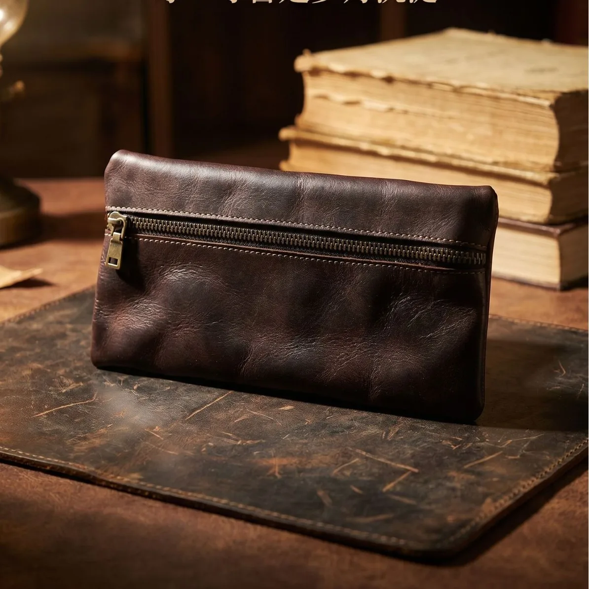 Vintage Full Grain Vegetable Tanned Leather Zipper Change Pouches,Men's Multi-purpose Coin Card Purse for Travel Daily Storage