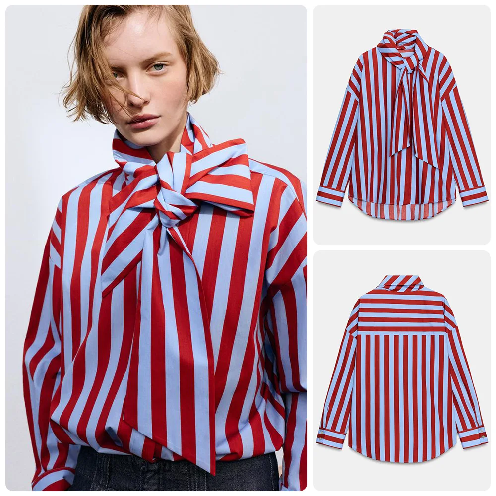 

Стильная женская блузка в полоску с высоким воротником, длинным рукавом, на одной пуговице, приталенная, весна-осень 2026, повседневная, для женщин