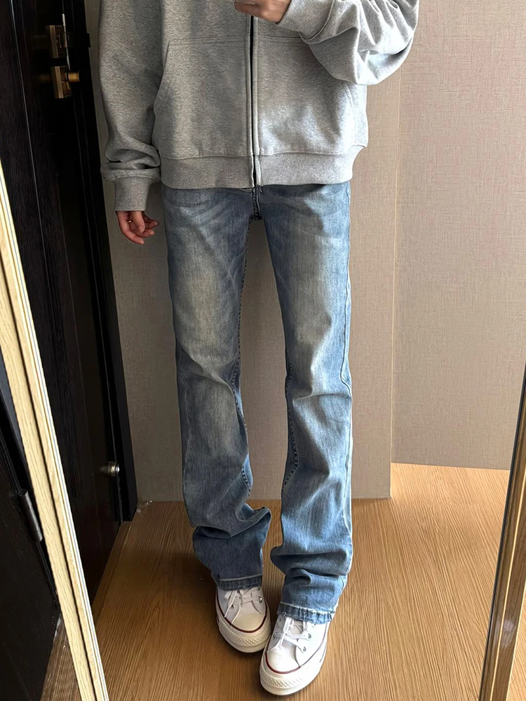 

Bcare Light Blue Men's Skinny Jeans High Street American Vibe Flared Denim Pants Straight Leg Long Leg Effect Autumn Wear