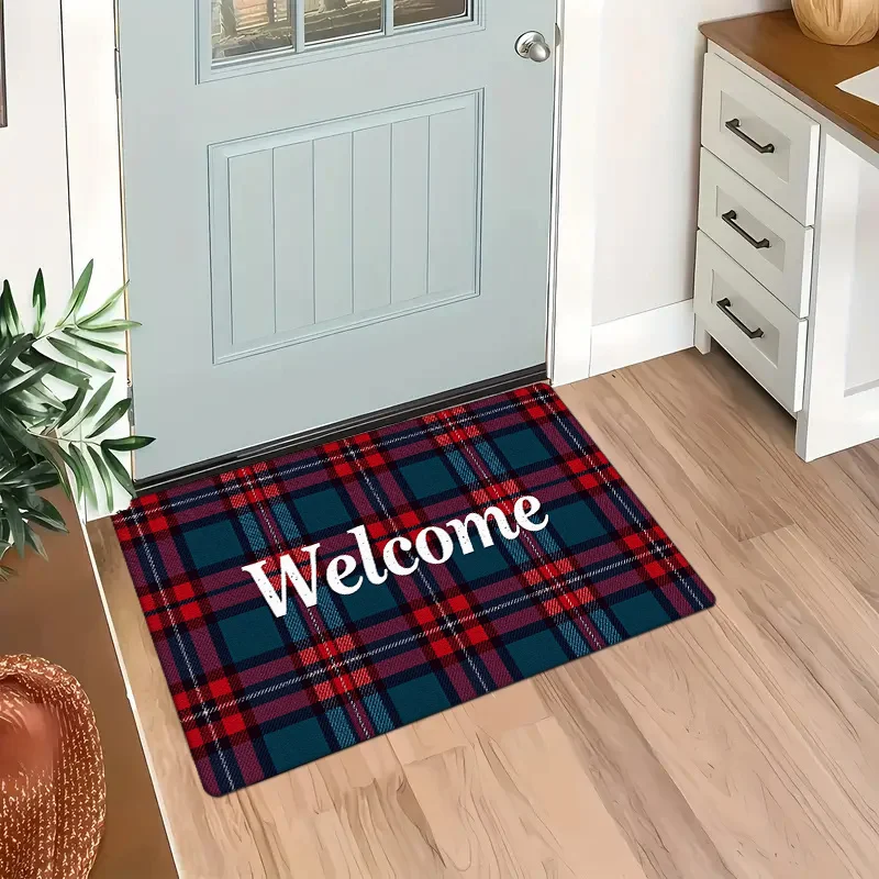 1pc British Style Scottish Plaid Welcome Doormat - Super Soft Imitation Flannel, Absorbent  Polyester, Machine Washable Non