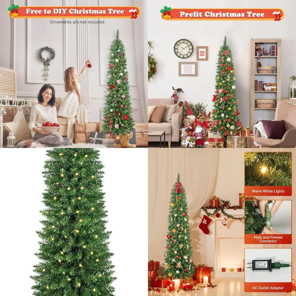 

5-футовая тонкая рождественская елка с зеленым карандашом и теплыми светодиодными фонарями