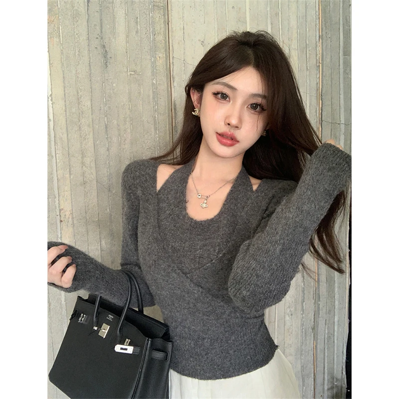 MEXZT Cropped Black Sweater Women Fashion Halter Bandage Knitted Pullovers Korean Long Sleeve Knitwear Fall Winter Slim Jumpers