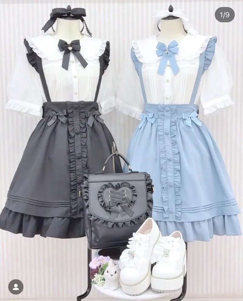 Japanese Lolita Sweet And Cute Style Bow Ruffle Edge Strap Skirt Bow Top Single-breasted Short Sleeves Shirt Women's Clothing