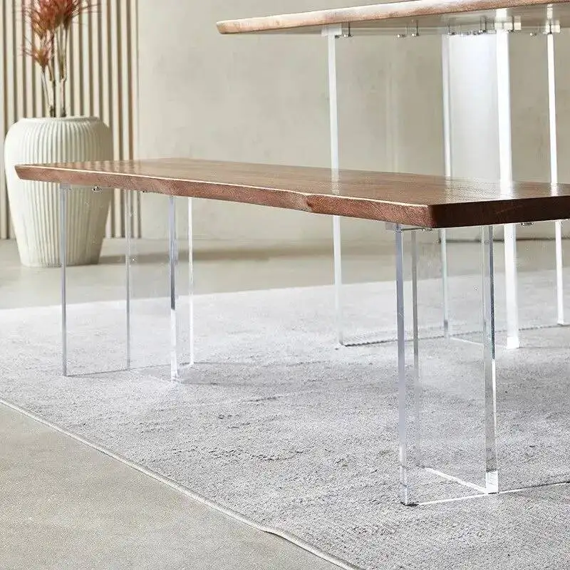 Acrylic Modern Wood Live Edge Clear Dining Bench Top, - Natural Legs, Walnut Minimalist Bench for Kitchen Living Room