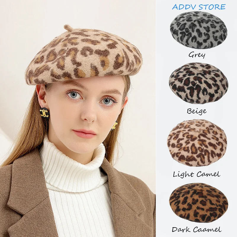 

Autumn and Winter Leopard Print Wool Berets Women's Fashion Versatile Pumpkin Hat Warm Painter Hat