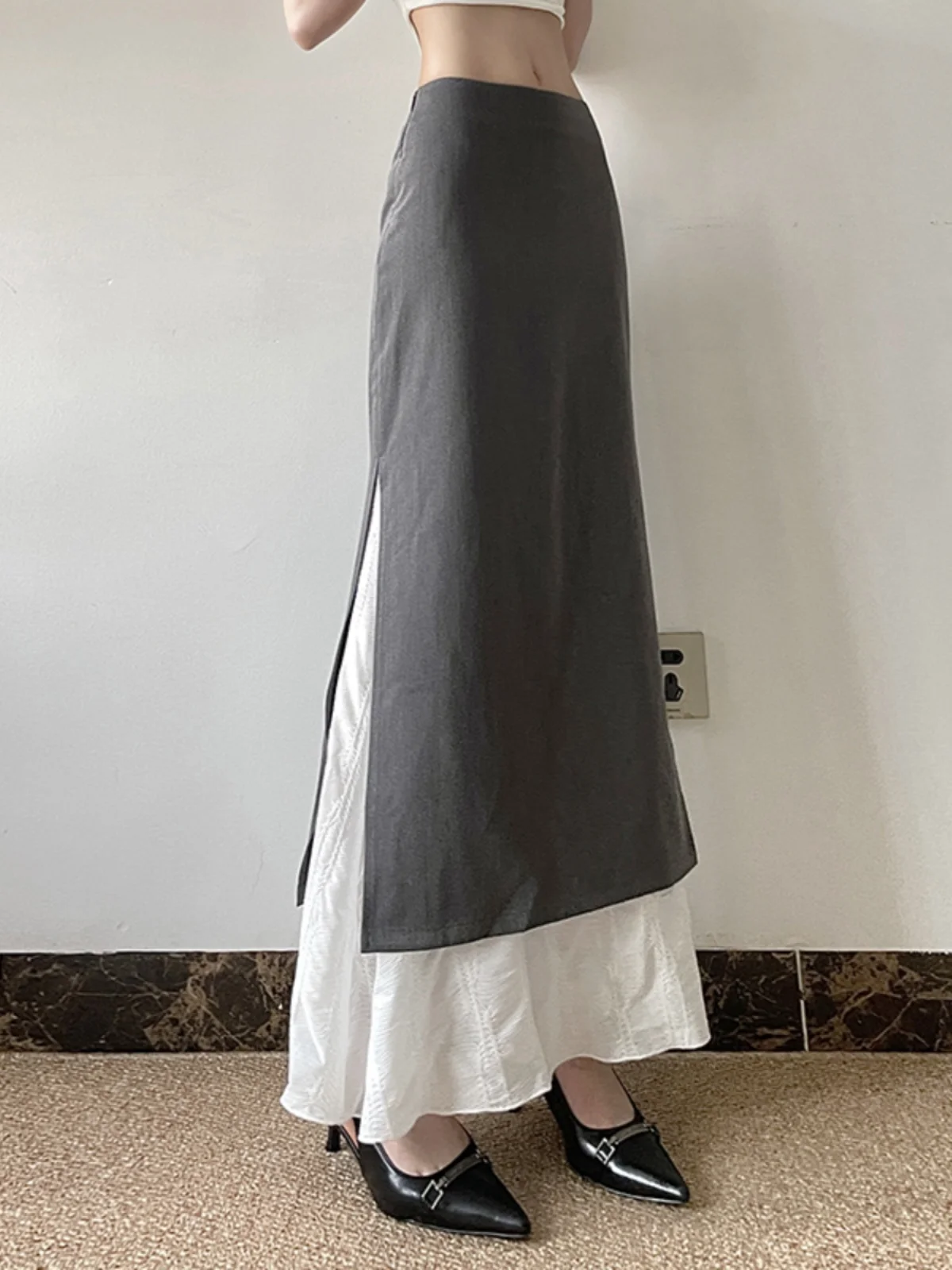 Women's Retro Grey Spliced Bodycon Mermaid Skirt Side-slit Design Elegant Slim-fit High-waisted Midi Skirt Autumn Winter