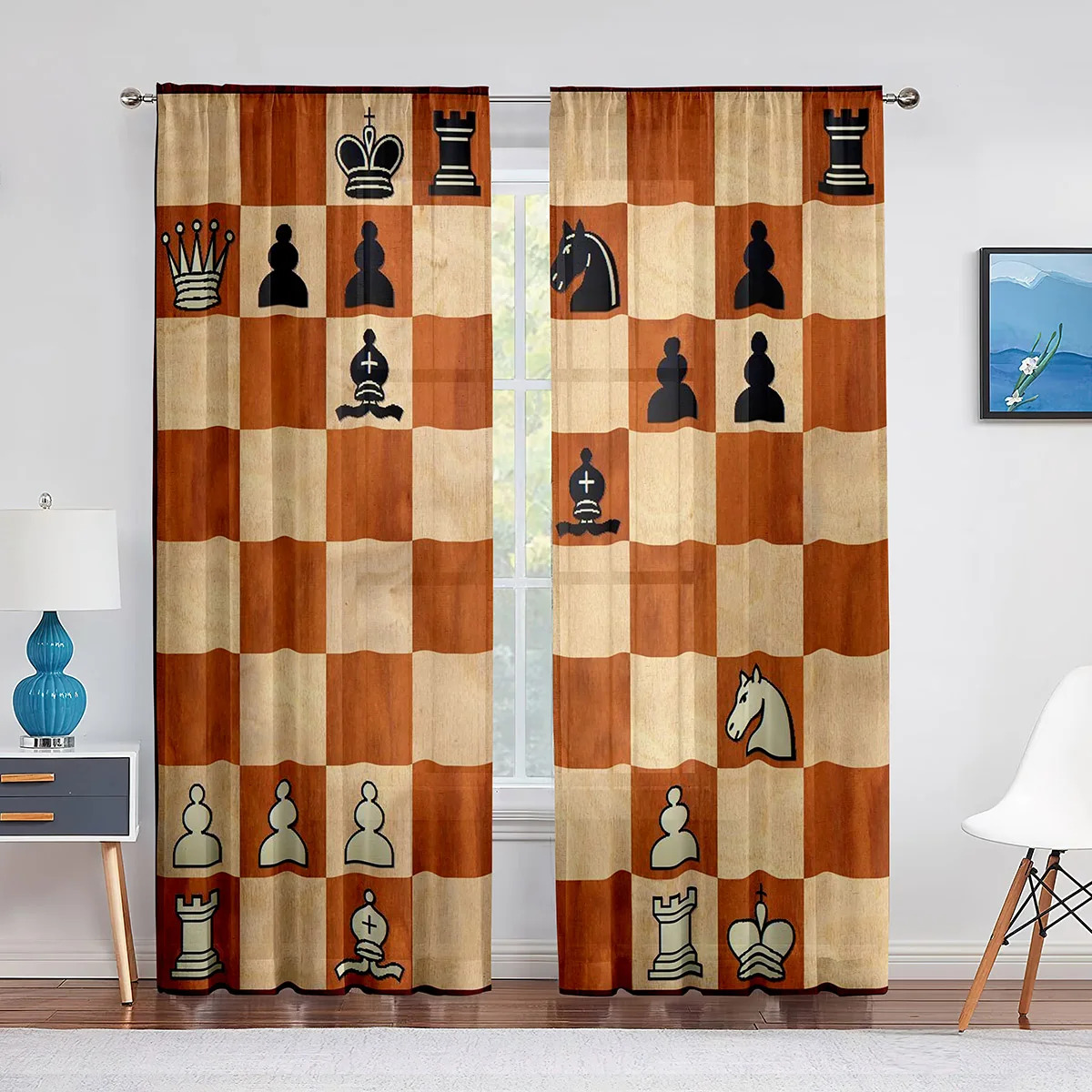 Geometric Chess Borad Sports Games Curtain for Bedroom Window Curtain for Living Room Thin Curtains Blinds Drapes 2pcs RodPocket