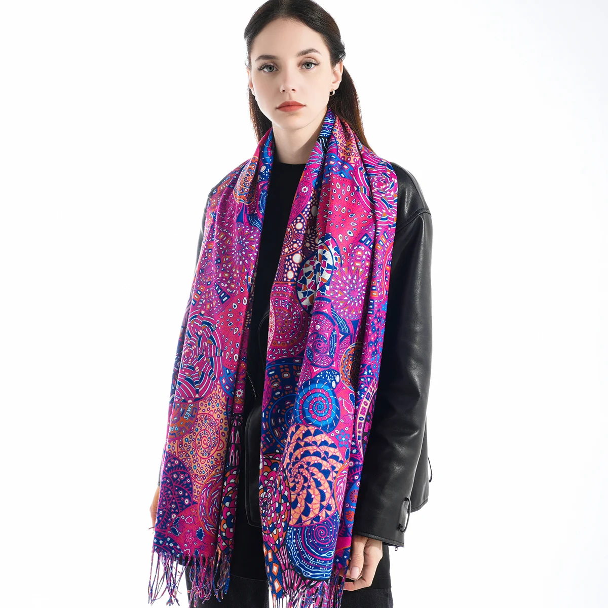 A women\'s multi-color imitation cashmere oil painting style digitally printed long tassel scarf and shawl