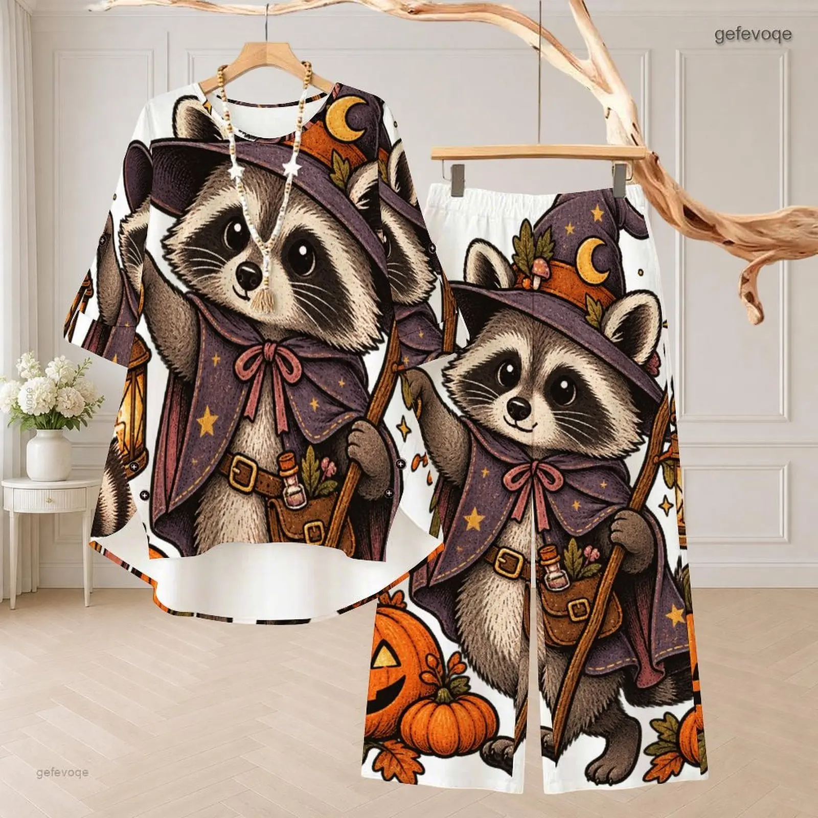 Women Cartoon Wizard Raccoon Pumpkin Print Round Neck 3/4 Sleeve High Low Top Long Pants Two Piece Set