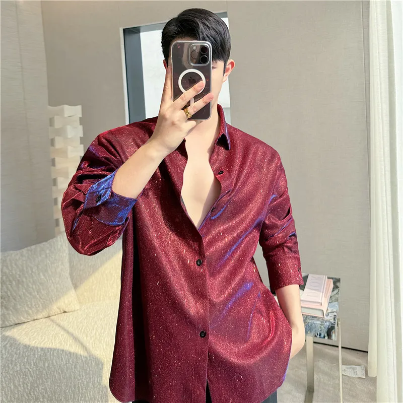 

Bright Color Casual irt Long Sve Men's Faion Brand Spring Autumn Stage ow Red Luy Year Leisure irt Trendy