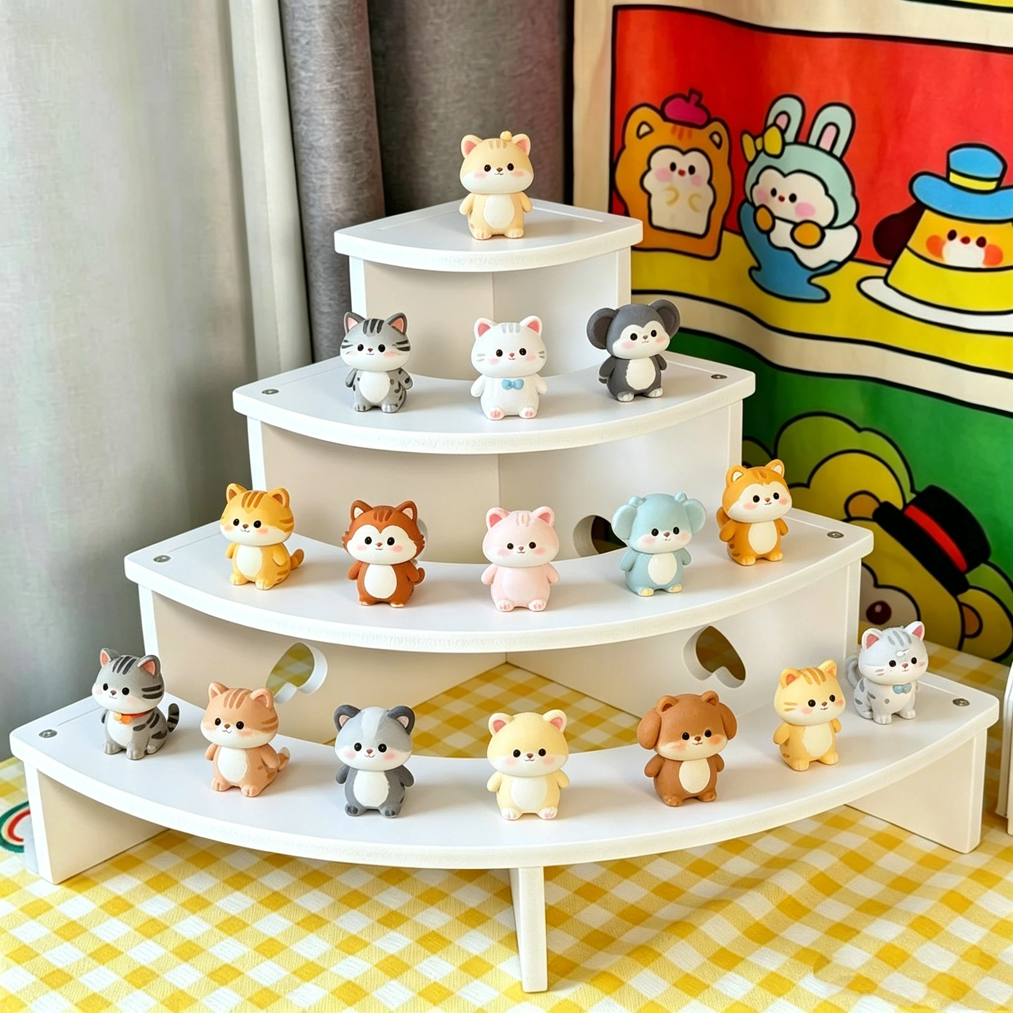 Mini Figure Display Stand 4 Tier Curved White Organizer Shelf for Blind Box Collectibles Living Room Desktop Decor