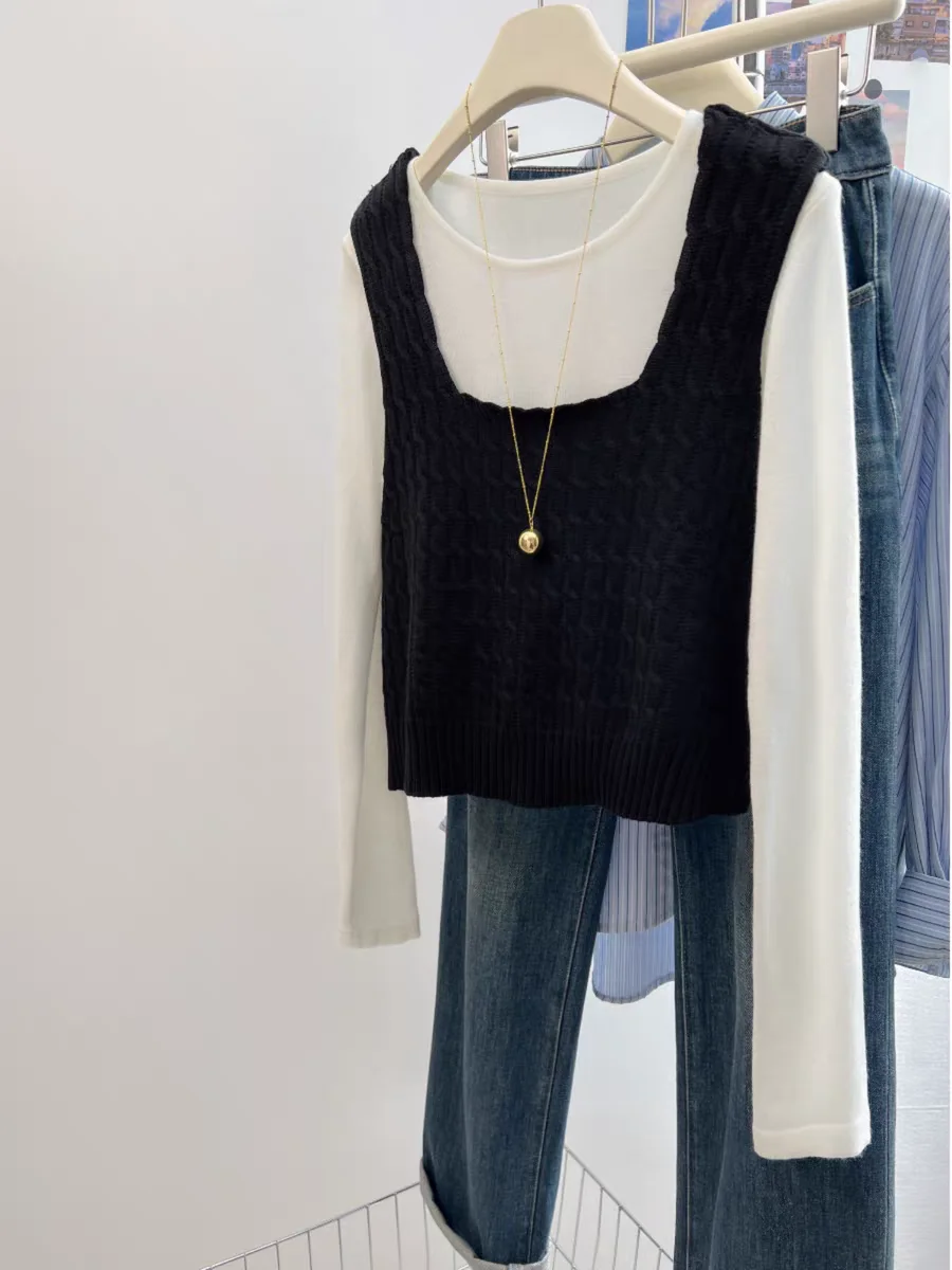 Caramel Knitted Short Sleeveless Vest Women's Fashion Spring Autumn Square Collar Tube Top Outerwear Casual Comfortable