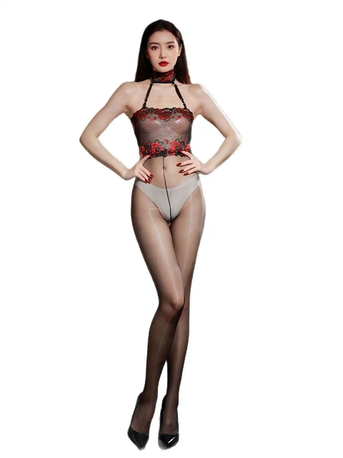 Smooth Shine Flower Embroidery Sexy Transparent Bodysuits Backless Deep V Suspenders Hanging Neck Sleeveless Lace Bodysuits IK3X