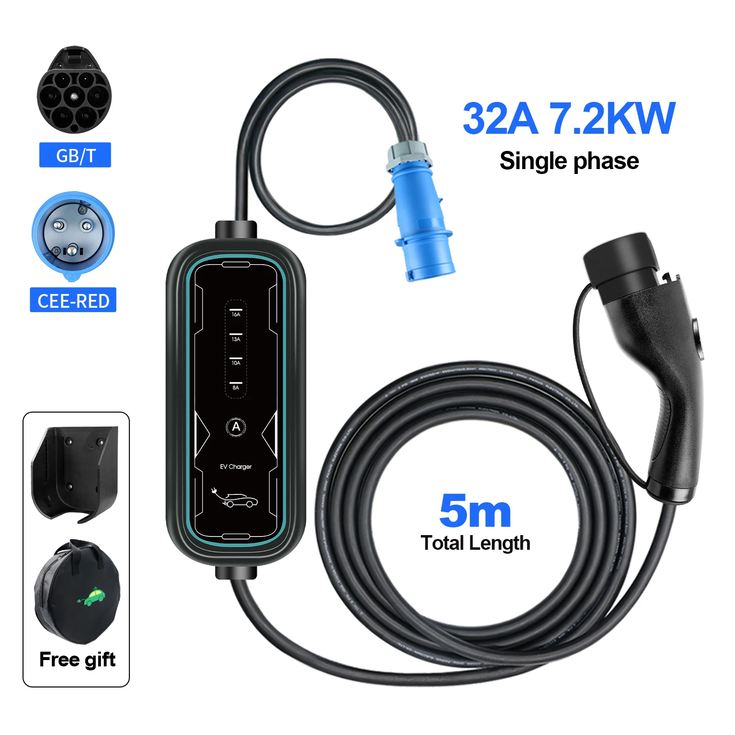 EV Portable Charger GBT Plug Connector 7.2KW 32A 1Phase Adjustable 5M Wallbox Charging Station for Electric Vehicle