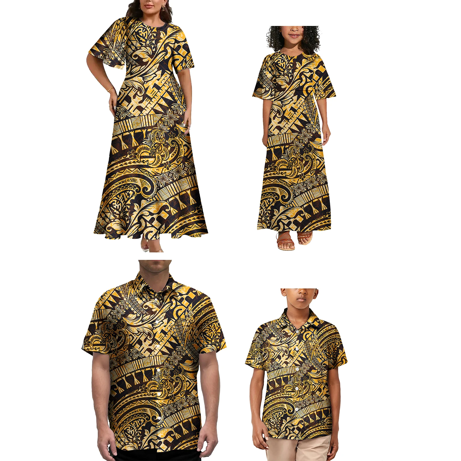 

Fashion Polynesian tribal print dress and T-shirt fashion family clothing 4-piece elegant women's casual