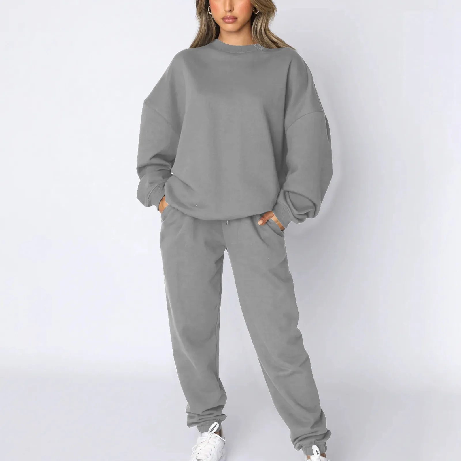 Loose Casual Spring And Fall Wear Women's Solid Color Round Neck Long Sleeve Pullover Sweatshirt And Pants Two Pieces Sets