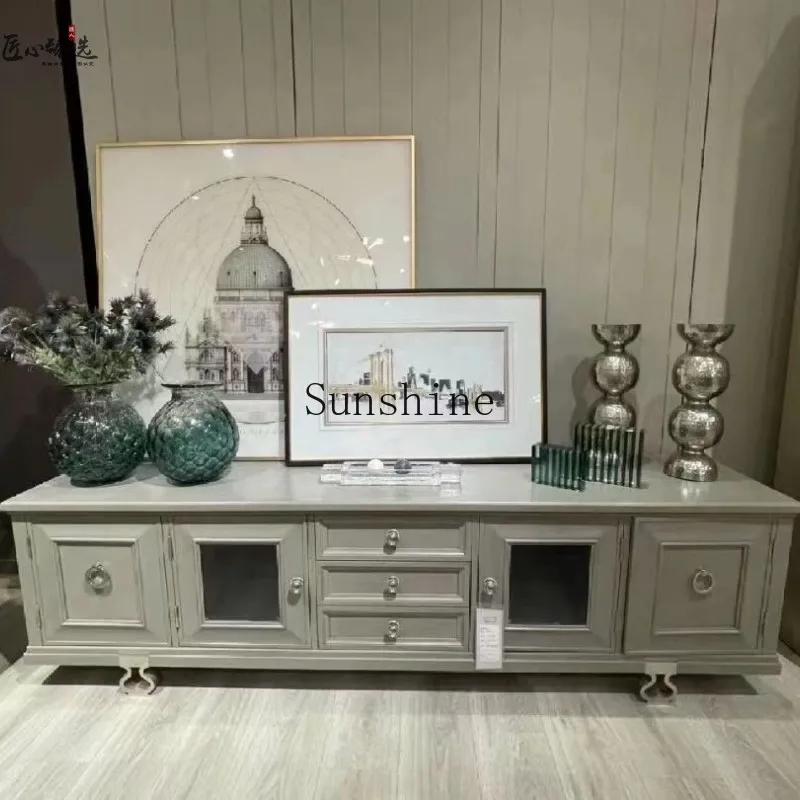 

American light luxury, TV, living room retro old engraved metal foot video cabinet