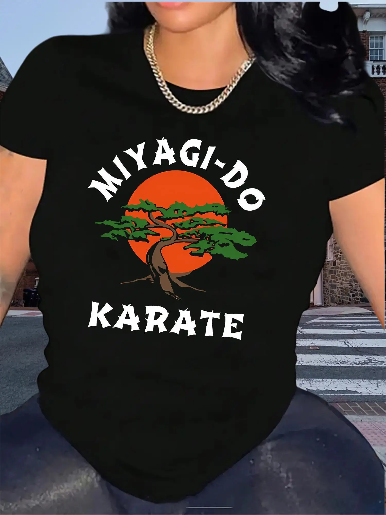 

Women's Casual Short Sleeve T-Shirt with Bold Letter Print Bonsai Tree Graphic Orange Design Stretchy Round Neck Summer Top