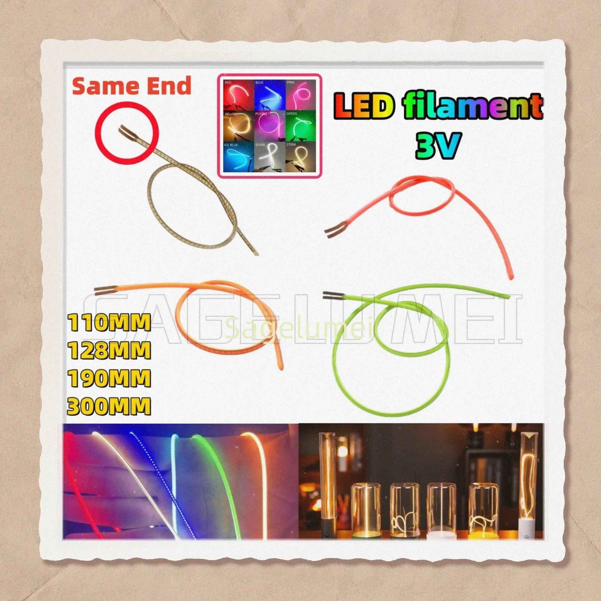 

1/2/5 шт. светодиодная лампа накаливания 3 В, лампа Эдисона, гибкая нить 110/128/190/300 мм, аксессуары для светодиодных ламп, диод, освещение «сделай сам», тот же конец