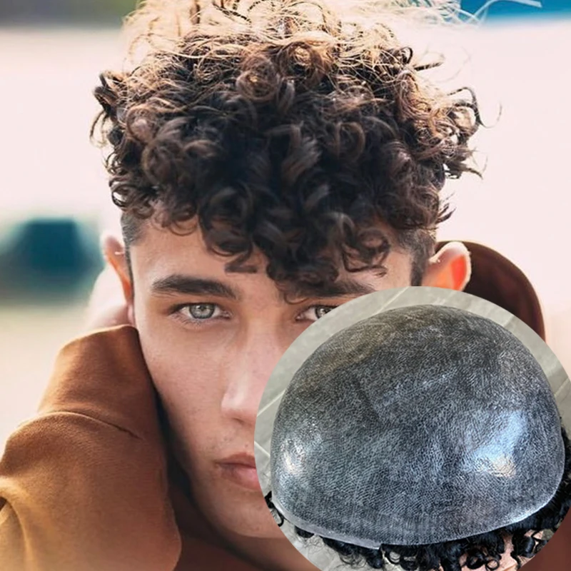 

Grey Black Men Toupee 20mm Curly Human Hair Wigs Replacement Capillary Prosthesis Full Density Super Durable Skin PU Male Units