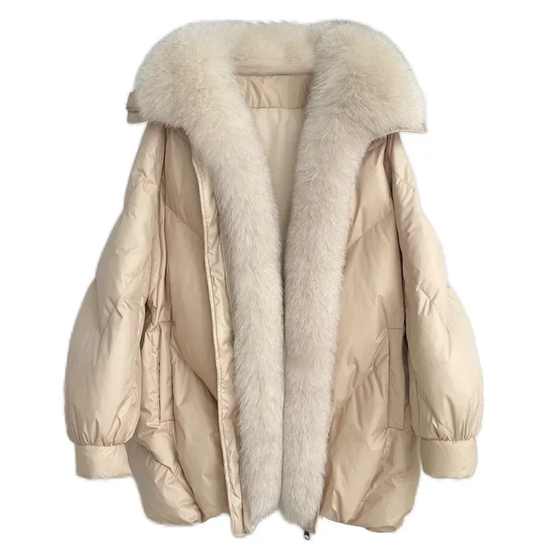 Winter Large Fox Fur Collar White Duck Down Down Coat Women 2024 Loose Oversized Jacket Thick Warm Luxury Snow Windproof Parkas