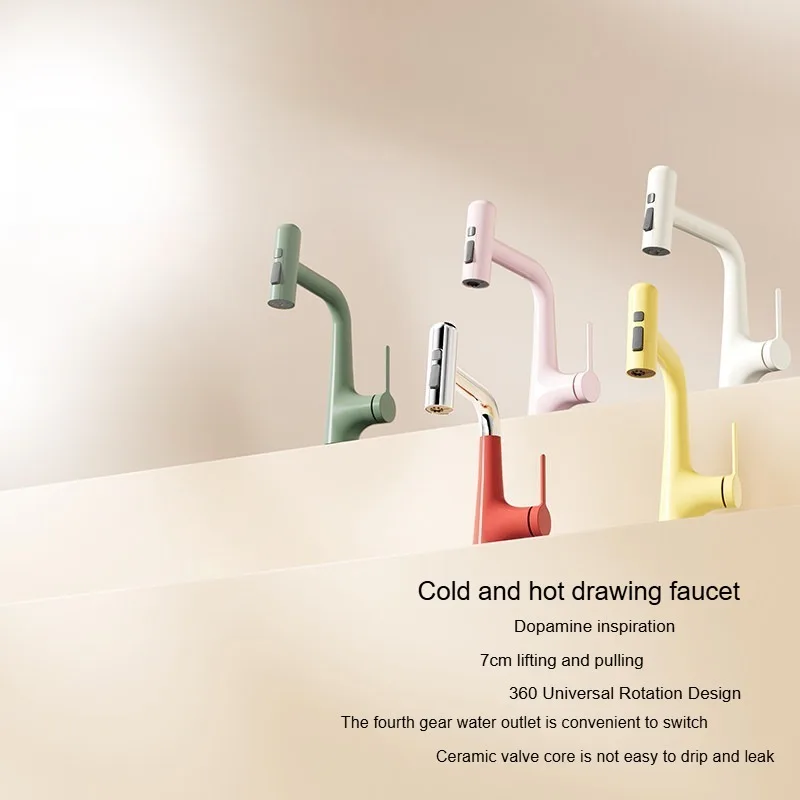 Pull-and-lift washbasin faucet for household bathroom is used for both cold and hot purposes.