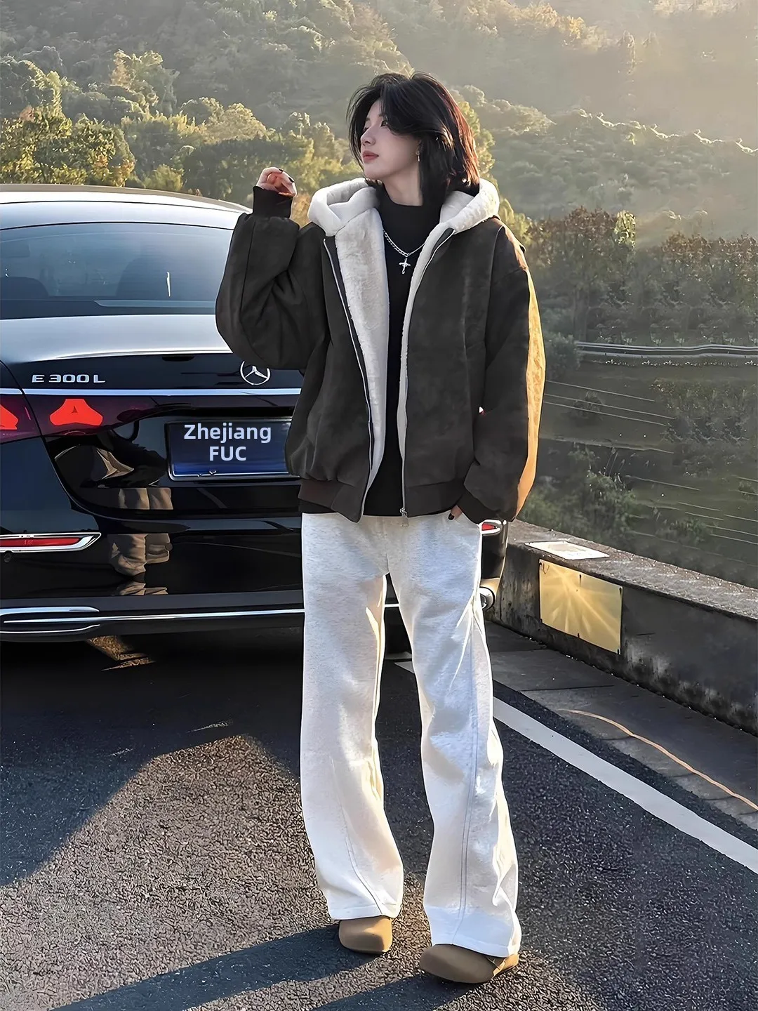 

Thiened Warmth Cotton Jaet Quilted Padded Coat Fur Collar Hooded Zipper Closure Long Sve Stand Length Winter Coat