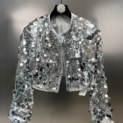 Girls Jacket Fall New Round Neck Long Sleeve Shiny Heavy Sequin Coat European Style Fashion Silver Children Coat Simple Casual
