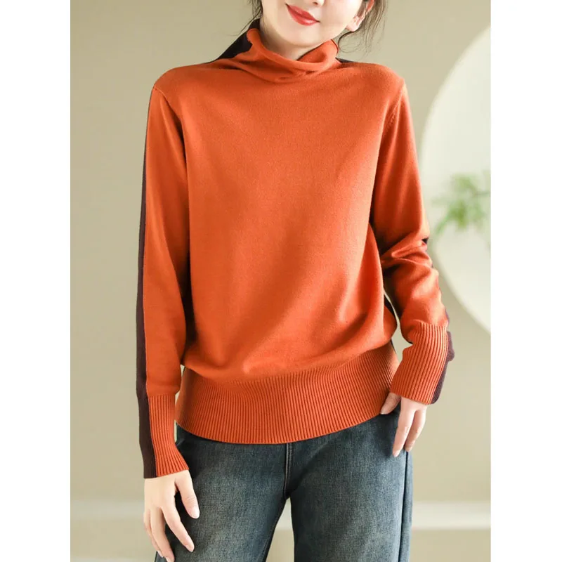 

Spring Autumn Simple Contrast Color Pullover Sweater For Woman Elegant Style Casual Loose Soft Fashion Comfortable Knitting Tops