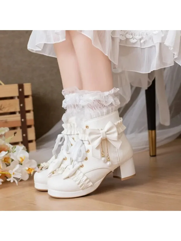 Lolita grande qualité bloc talons hauts femmes bottines chaussures blanches dentelle décor à lacets talon épais bottes à nœud pour les femmes Verclo