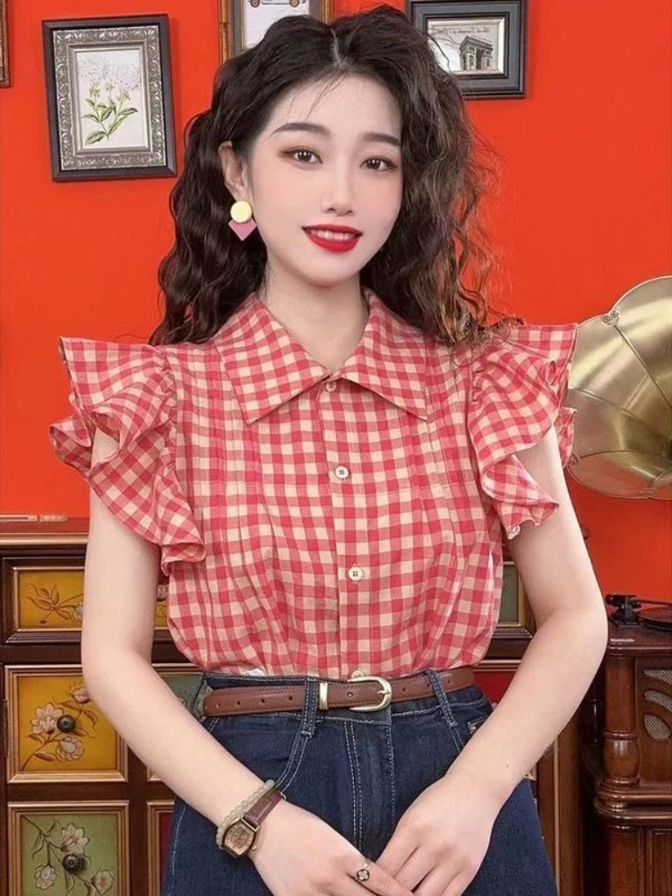Spring Summer New Clothing Blouses Color Contrasting Love Women Top Simple Checkered Female Short-sleeved Shirt
