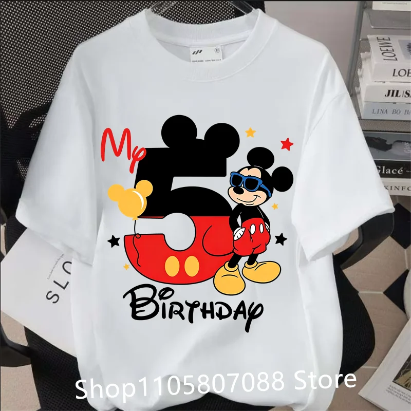 Kids My Birthday T‑Shirt, Cool Mickey Mouse With Sunglasses Birthday 1-9 Graphic Tee Boys Girls Short Sleeve Casual Birthday