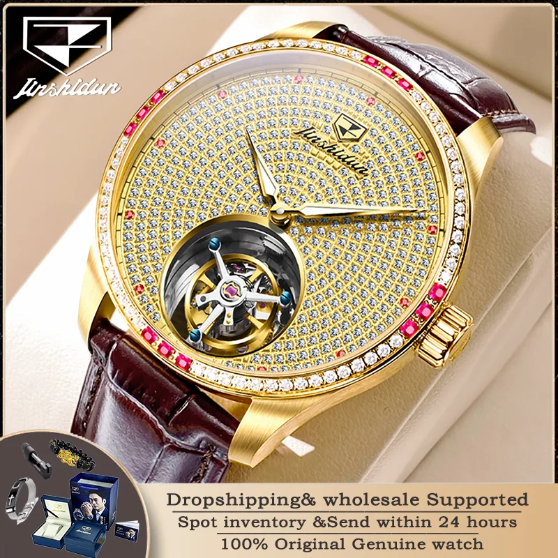 

JSDUN 832 All Diamond Tourbillon Watch Leather Strap Luxury Sapphire Mirror Men Automatic Mechanical Watch Waterproof Men Watch