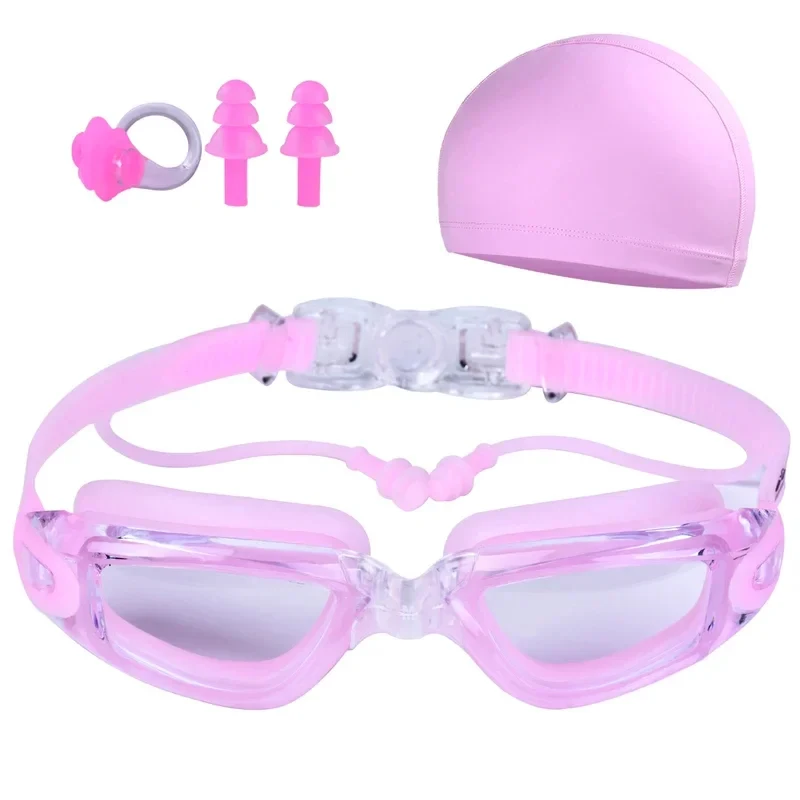 Adult Swimming Goggles 4PCS Set Waterproof Anti-Fog UV Protection HD Clear Vision Swim Cap Nose Clip Ear Plugs Professional Swim