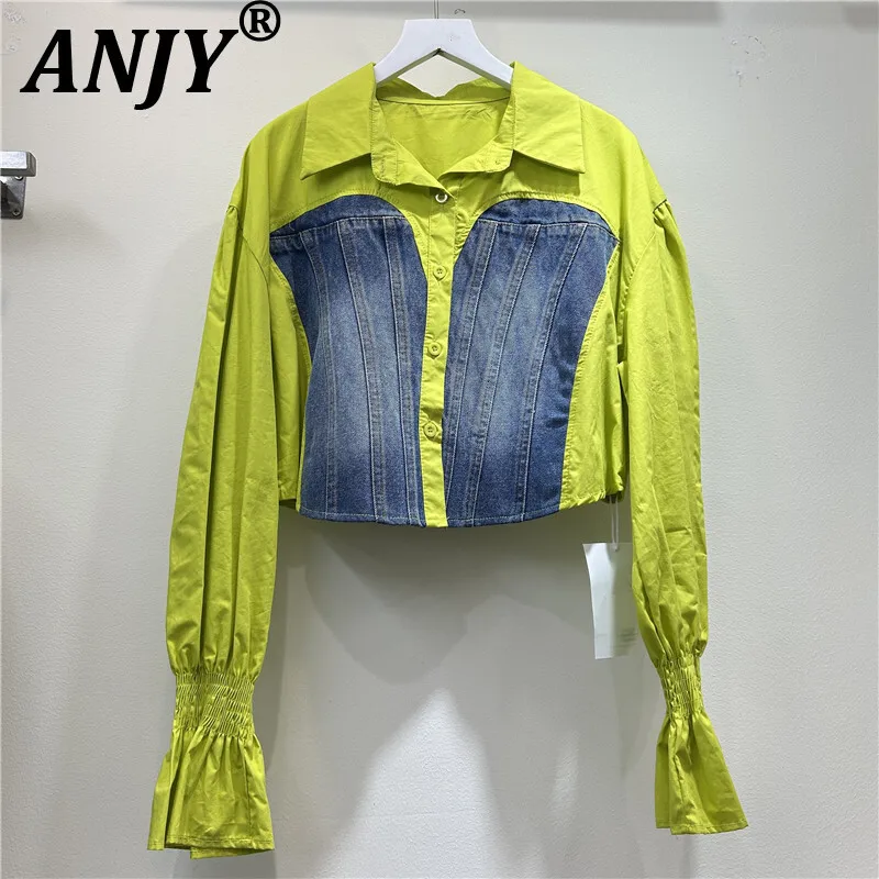 

ANJY Autumn New Women Fashion Short Shirt Denim Patchwork Contrast Color Flared Sleeve High Street Elegant Y2K Casual Tops A9314